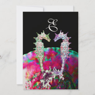 SEAHORSES BEACH WEDDING MONOGRAM, roze blauw zwart Kaart