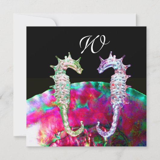 SEAHORSES BEACH WEDDING MONOGRAM, roze blauw zwart Kaart (Voorkant)
