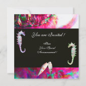 SEAHORSES BEACH WEDDING MONOGRAM, roze blauw zwart Kaart (Achterkant)