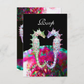 SEAHORSES BEACH WEDDING MONOGRAM, RSVP roze zwart (Voorkant / Achterkant)