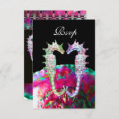 SEAHORSES BEACH WEDDING MONOGRAM, RSVP roze zwart (Voorkant / Achterkant)