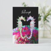 SEAHORSES BEACH WEDDING MONOGRAM, RSVP roze zwart (Staand voorkant)