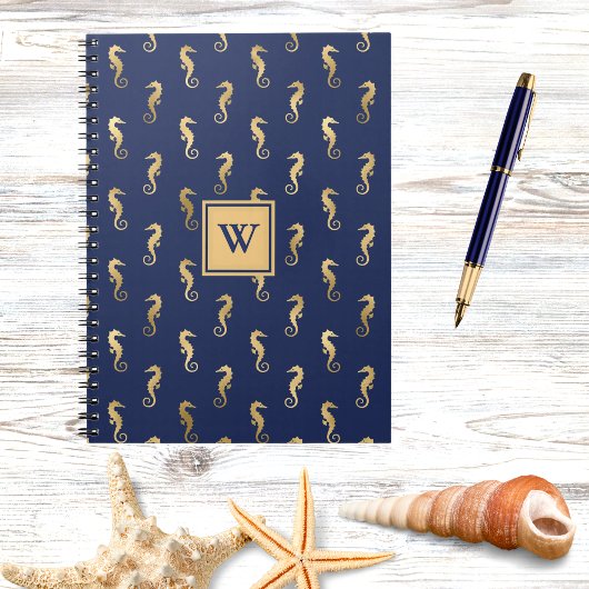 Seahorses in Elegant Navy n Gold Monogram Initial Notitieboek