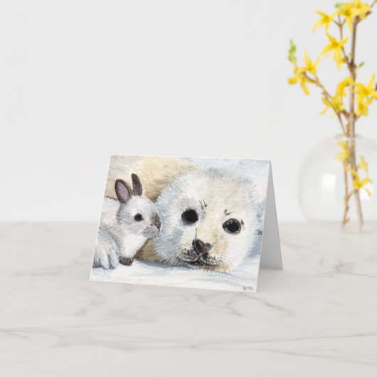Seal Cub en White Rabbit Painting Note Kaart (Gele Bloem)