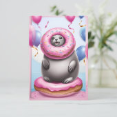 Seal Donut Delight: Verjaardag Kaart Sjabloon (Staand voorkant)