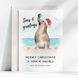 Seal Santa Zeeen & Groeten Kustkerst Feestdagenkaart<br><div class="desc">Vier kerst met deze schattige kaart met een zegel in een kerstmuts die een ornament op zijn neus balanceert. Het bijschrift "Zeeen en groeten" brengt strandvibes, waardoor het ideaal is voor liefhebbers van de oceaan en iedereen die geniet van een kusttwist op traditionele feestdagen. 🐚🌊 Personaliseer de begroeting en handtekeninglijn...</div>