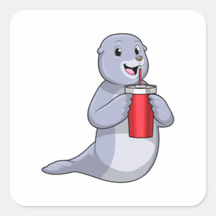 Seal with Drinking cup Vierkante Sticker