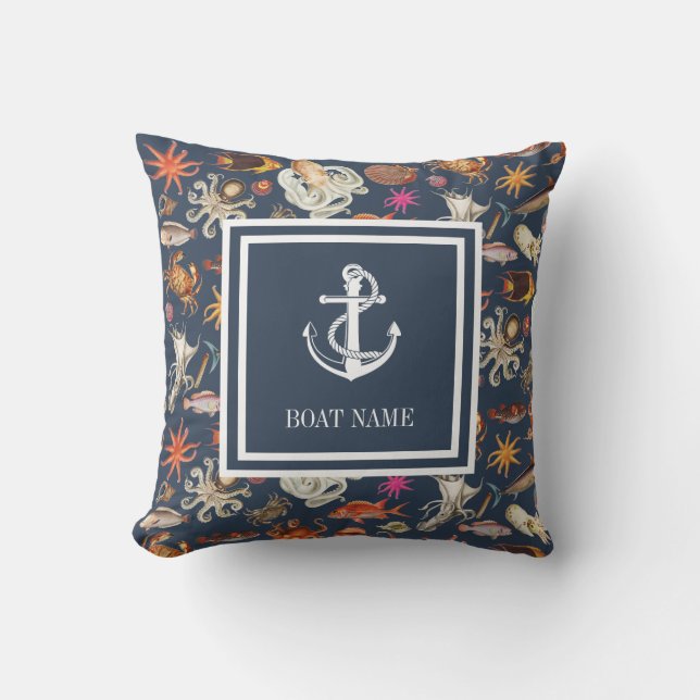 Sealife Navy Blue Nautical Anchor Boat Naam Buitenkussen (Voorkant)