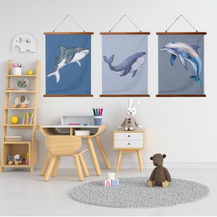SeaLife Whale Dolphin Shark Nursery Art Waterverf Hangend Wandkleed