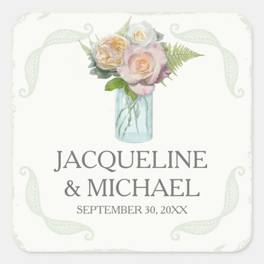 Seals Rustic Flowers Mason Jar Script Typografie Vierkante Sticker (Voorkant)