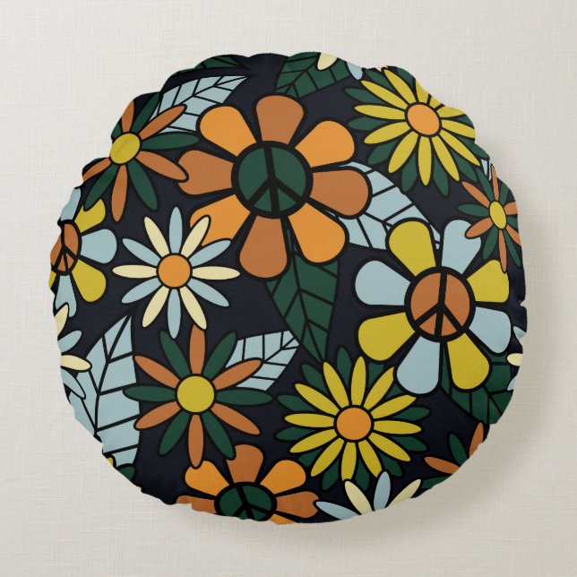 Seamless 70's retro hippie flowers pattern - Vinta Rond Kussen (Voorkant)