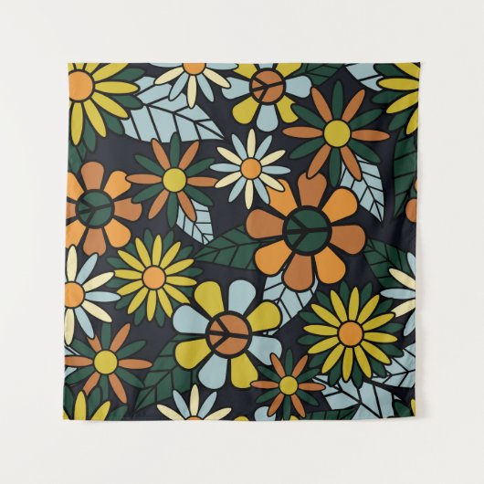 Seamless 70's retro hippie flowers pattern - Vinta Wandkleed (Voorkant (horizontaal))