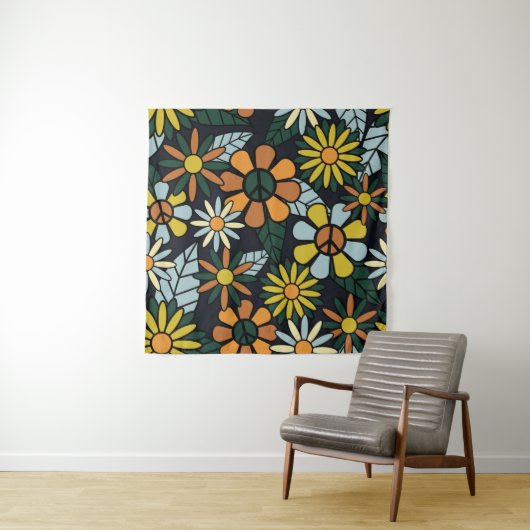 Seamless 70's retro hippie flowers pattern - Vinta Wandkleed (In situ)