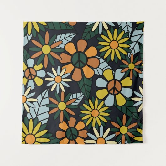 Seamless 70's retro hippie flowers pattern - Vinta Wandkleed (Voorkant)