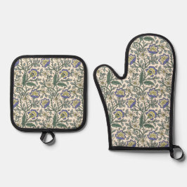 Seamless blue, yellow, and white floral pattern  ovenwant & pannenlap set