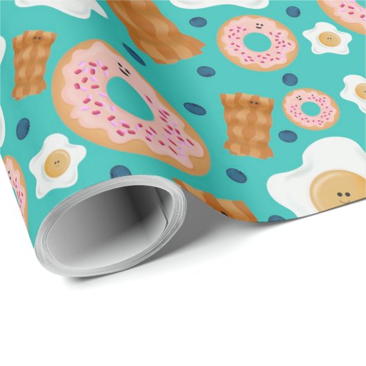 Seamless Breakfast Characters Blue Pastel Cadeaupapier (Rol Hoek)