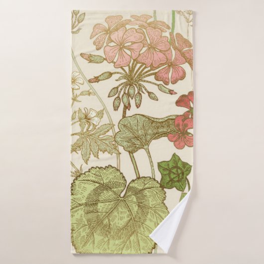 Seamless floral pattern. Green foliage,  pink gera Badhanddoek (Badhanddoek)