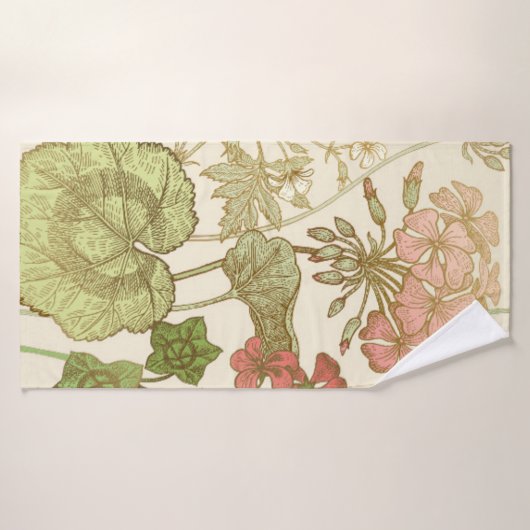 Seamless floral pattern. Green foliage,  pink gera Badhanddoek (Badhanddoek)