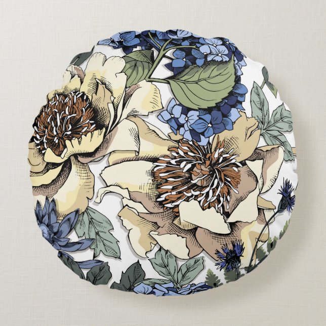 Seamless floral pattern. Hydrangea,  Peony,  wildf Rond Kussen (Voorkant)