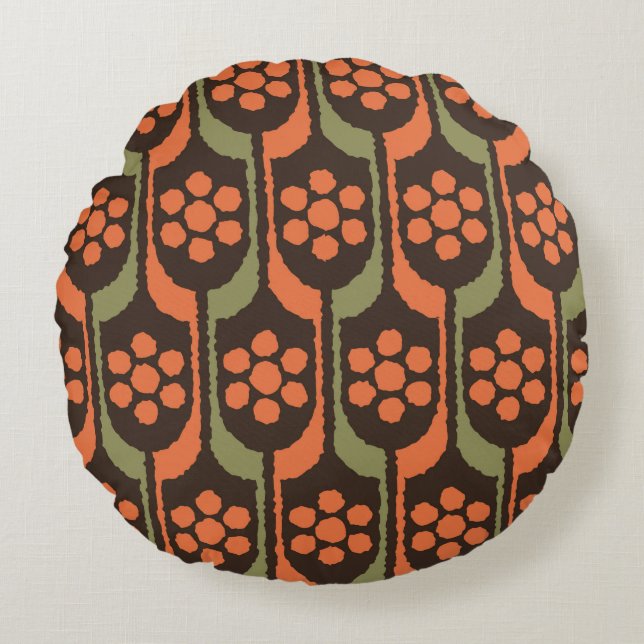 Seamless flower repeat pattern orange gold50s,60s, rond kussen (Voorkant)