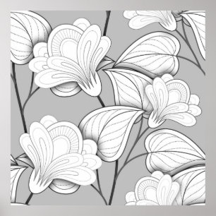 Seamless Monochrome Floral Pattern. Hand Drawn Flo Poster