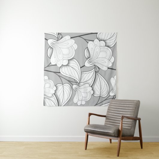 Seamless Monochrome Floral Pattern. Hand Drawn Flo Wandkleed (In Situ (horizontaal))
