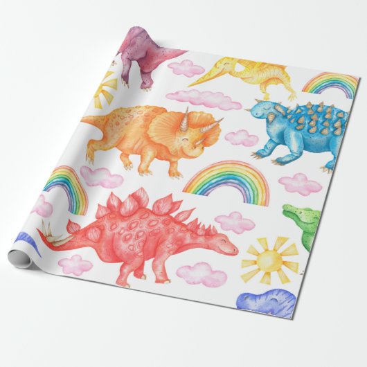 Seamless pattern depicting colored dinosaurs, rain cadeaupapier (Uitgerold)