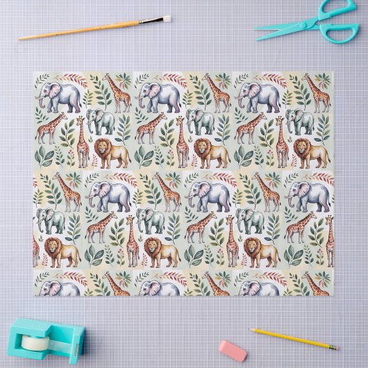 Seamless pattern featuring elephants lions tissuepapier
