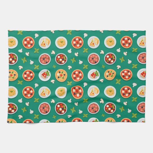 Seamless pattern on green pizza pasta and tomato theedoek (Horizontaal)