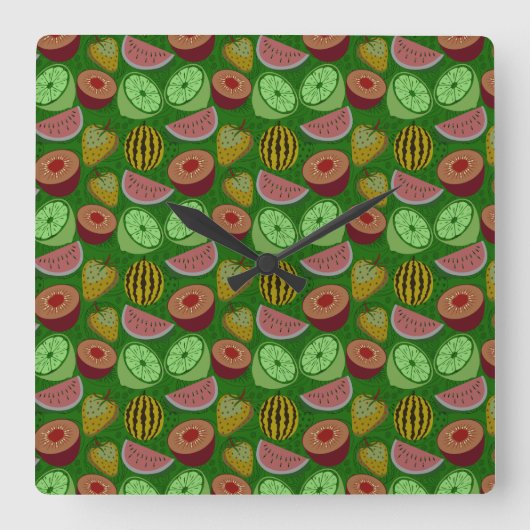 Seamless pattern tropical fruit & green background vierkante klok (Voorkant)