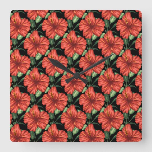 Seamless pattern Tropical red flowers green leaves Vierkante Klok (Voorkant)