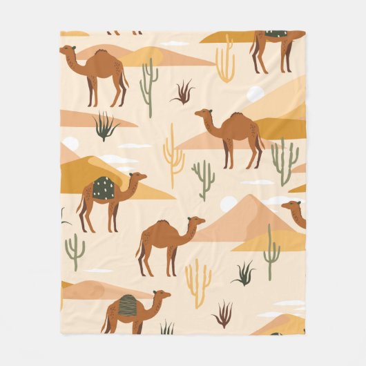 Seamless pattern with camels, dunes and cacti. Cut Fleece Deken (Voorkant)