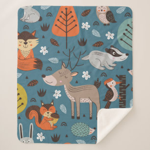 Seamless pattern with forest animals on blue backg sherpa deken