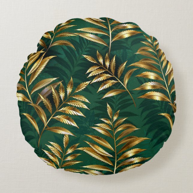 Seamless pattern with golden ferns rond kussen (Voorkant)