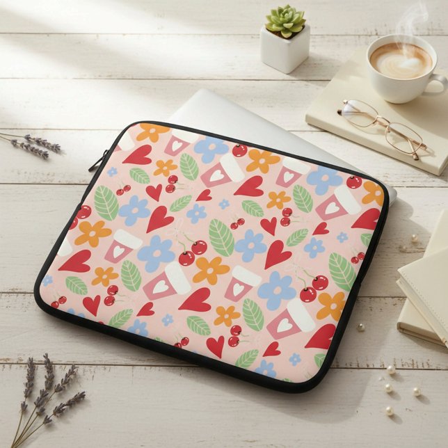 seamless pattern with hearts,  flowers and cherrie laptop sleeve (Creator heeft geüpload)