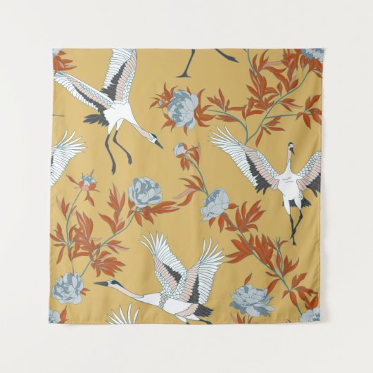 Seamless pattern with Japanese white cranes and pe Wandkleed (Voorkant)