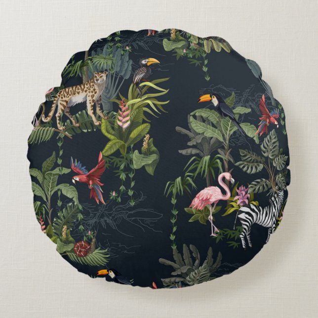 Seamless pattern with jungle animals, flowers and  rond kussen (Voorkant)
