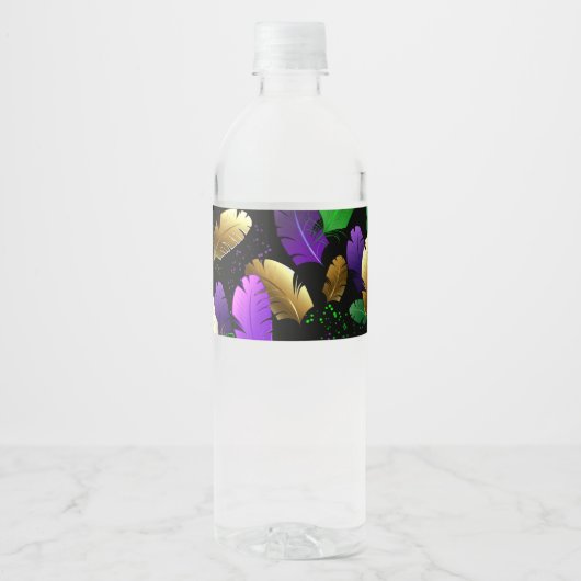 Seamless Pattern with Mardi Gras feathers Waterfles Etiket (Voorkant)
