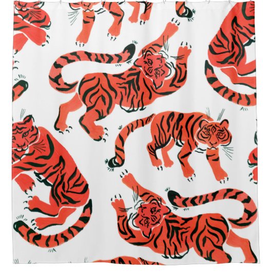 Seamless pattern with painted in gouache tigers in douchegordijn (Voorkant)