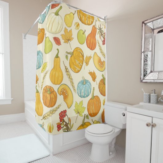Seamless pattern with pumpkins, autumn leaves, app douchegordijn (In situ)