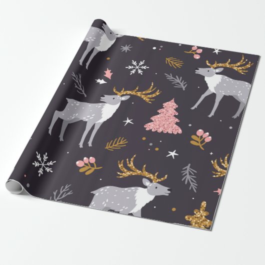 seamless pattern with reindeer, fir trees and sno cadeaupapier (Uitgerold)