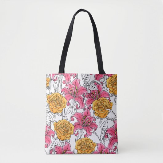Seamless pattern with roses and lilies. Hand drawn Tote Bag (Voorkant)