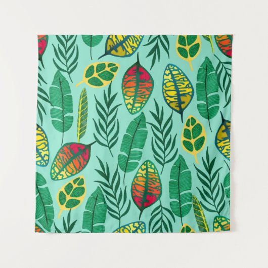 Seamless pattern with tropical leaves. Gouache art Wandkleed (Voorkant)