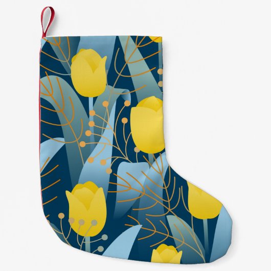 Seamless pattern yellow tulips on dark blue backgr kleine kerstsok (Voorkant)