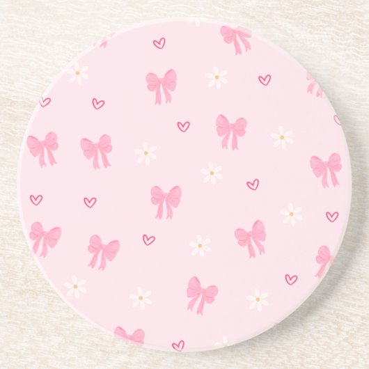 Seamless Pink Bow and Floral Pattern – Cute Girly Zandsteen Onderzetter (Voorkant)