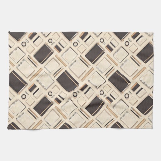 Seamless stationery pattern notebooks rulers theedoek (Horizontaal)