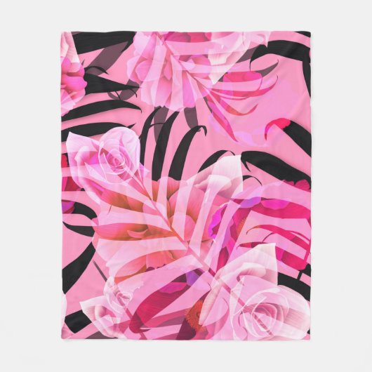 Seamless tropical flower, plant and leaf pattern b fleece deken (Voorkant)