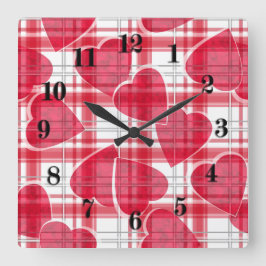 Seamless Valentines Day red hearts checkered plaid Vierkante Klok