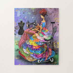 Seamstress Girl met kleurrijke dress - Kunsttekeni Legpuzzel