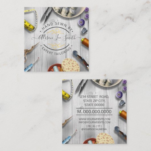 Seamstress of Tailor desk Hand sewn Square Busines Vierkante Visitekaartje (Voorkant / Achterkant)